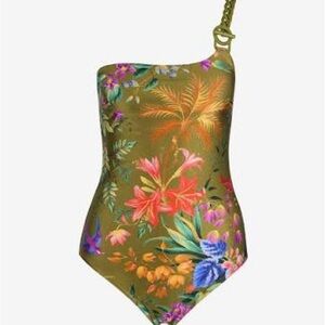Zimmermann Women’s One Piece Bathing Suit- Olive with Floral Accents